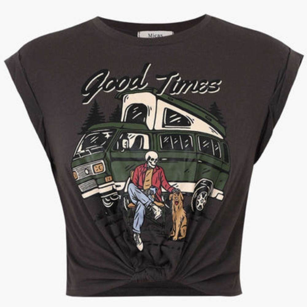 Good Times Graphic Crop Knot Hem T-Shirt NWT